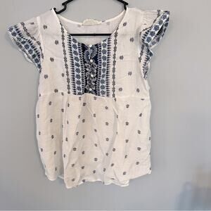 Sweet Wanderer Floral Detail Cap Sleeve Top Women's Size Medium Blue & White